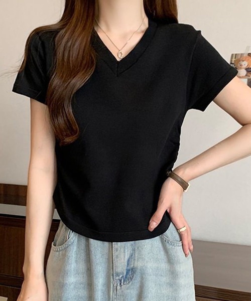 STYLEBLOCK（スタイルブロック）の「Vネックトップス（Tシャツ/カットソー・レディース・カーキ/グレー/ピンク/ホワイト/ベージュ系その他/ブラック/グリーン・FREE）」の2枚目の写真