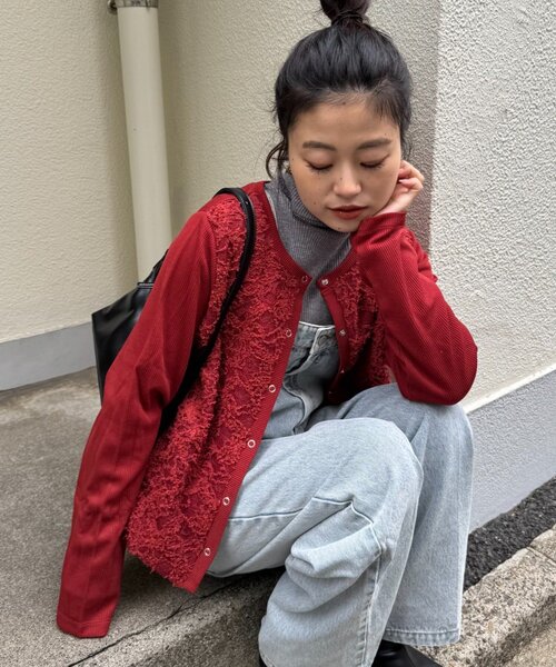 セール】レースドッキングリブスナップカーデ（カーディガン/ボレロ
