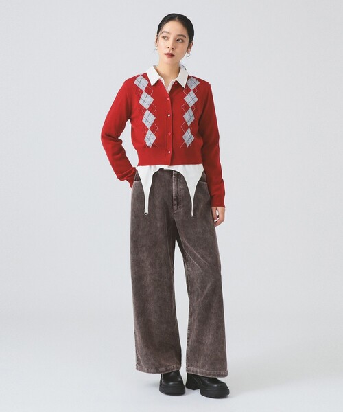 Ray BEAMS（レイビームス）の「アーガイル クルーネック カーディガン [手洗い可]（カーディガン/ボレロ・レディース・シルバー/レッド・ONE SIZE）」の7枚目の写真