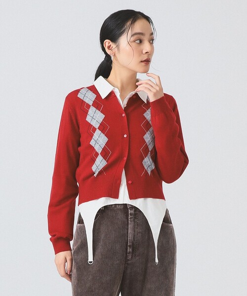 Ray BEAMS（レイビームス）の「アーガイル クルーネック カーディガン [手洗い可]（カーディガン/ボレロ・レディース・シルバー/レッド・ONE SIZE）」の10枚目の写真