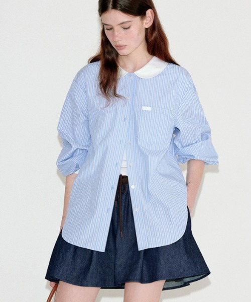 ラウンドカラー ストライプ柄 パッチポケットシャツ FQ25S086【Fano