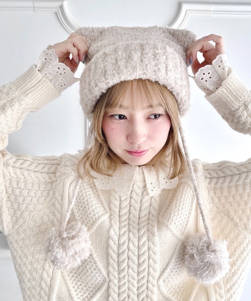 セール】ねこみみポンポンニットビーニー（ニットキャップ/ビーニー