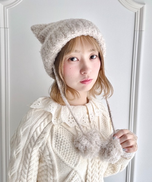 セール】ねこみみポンポンニットビーニー（ニットキャップ/ビーニー