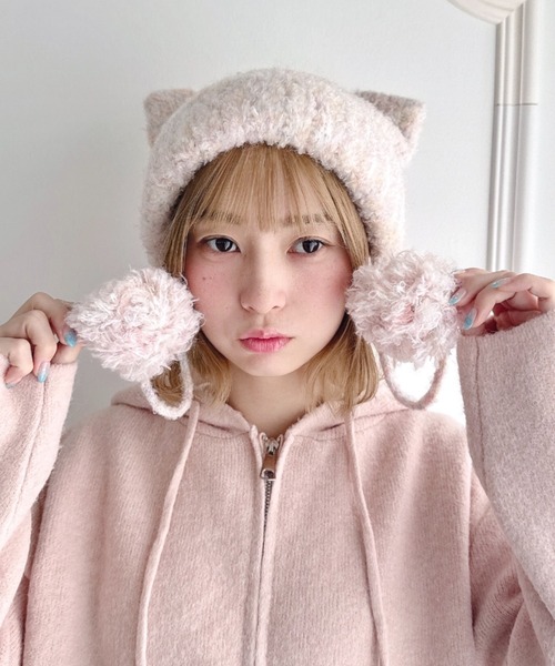 セール】ねこみみポンポンニットビーニー（ニットキャップ/ビーニー