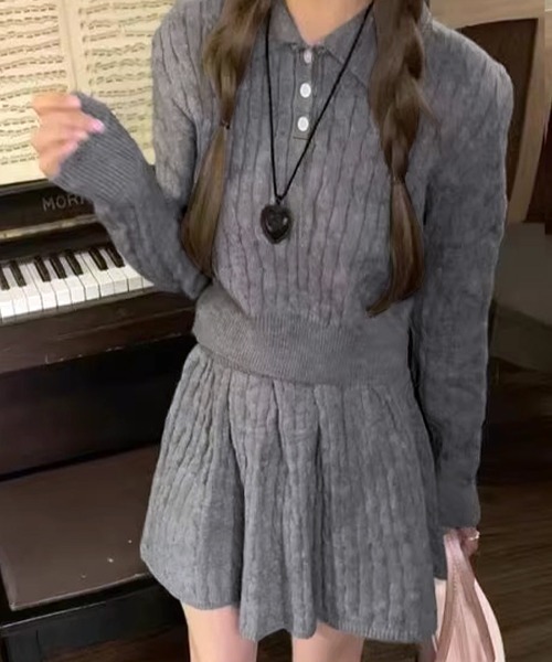 Riff(リフ)の「2点セット ケーブルポロカラーニット&ミニスカートセット(ワンピース・レディース・ライトグレー/ブラウン/アイボリー/ブラック・M)」の20枚目の写真