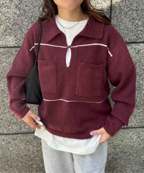 PILIT(ピリット)の「配色 ポロBIGニット(ニット/セーター・レディース・レッド/アイボリー・MEDIUM)」の2枚目の写真