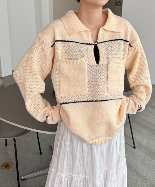 PILIT(ピリット)の「配色 ポロBIGニット(ニット/セーター・レディース・レッド/アイボリー・MEDIUM)」の9枚目の写真