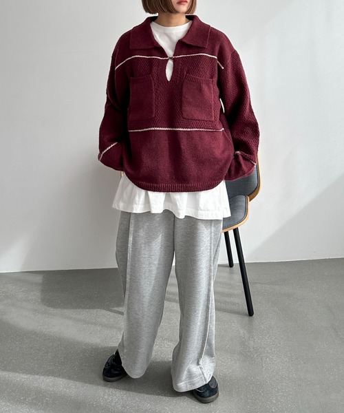 PILIT(ピリット)の「配色 ポロBIGニット(ニット/セーター・レディース・レッド/アイボリー・MEDIUM)」の21枚目の写真