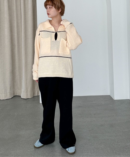PILIT(ピリット)の「配色 ポロBIGニット(ニット/セーター・レディース・レッド/アイボリー・MEDIUM)」の14枚目の写真