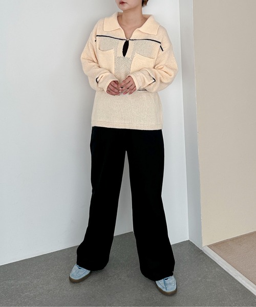 PILIT(ピリット)の「配色 ポロBIGニット(ニット/セーター・レディース・レッド/アイボリー・MEDIUM)」の15枚目の写真