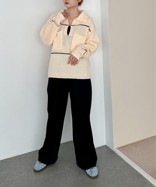 PILIT(ピリット)の「配色 ポロBIGニット(ニット/セーター・レディース・レッド/アイボリー・MEDIUM)」の16枚目の写真