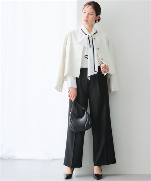 7days Life Styling（セブンデイズライフスタイリング）の「【レディーススーツ】＜OTOさんコラボ＞ボトムが選べるセットアップスーツ（ノーカラージャケット＋ワイドパンツまたはロング丈フレアスカート）（ストレッチウール調シリーズ）＜大きいサイズ有＞（スーツセット・レディース・ブラック系3/ブラック系1/ホワイト系2/ホワイト系1/ブラック系4/ブラック系2・M/L/LL/3L/4L/5L/6L/S/8L）」の2枚目の写真