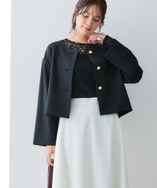 7days Life Styling（セブンデイズライフスタイリング）の「【レディーススーツ】＜OTOさんコラボ＞ボトムが選べるセットアップスーツ（ノーカラージャケット＋ワイドパンツまたはロング丈フレアスカート）（ストレッチウール調シリーズ）＜大きいサイズ有＞（スーツセット・レディース・ブラック系3/ブラック系1/ホワイト系2/ホワイト系1/ブラック系4/ブラック系2・M/L/LL/3L/4L/5L/6L/S/8L）」の5枚目の写真