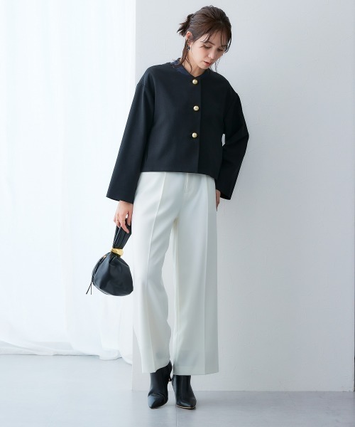 7days Life Styling（セブンデイズライフスタイリング）の「【レディーススーツ】＜OTOさんコラボ＞ボトムが選べるセットアップスーツ（ノーカラージャケット＋ワイドパンツまたはロング丈フレアスカート）（ストレッチウール調シリーズ）＜大きいサイズ有＞（スーツセット・レディース・ブラック系3/ブラック系1/ホワイト系2/ホワイト系1/ブラック系4/ブラック系2・M/L/LL/3L/4L/5L/6L/S/8L）」の6枚目の写真