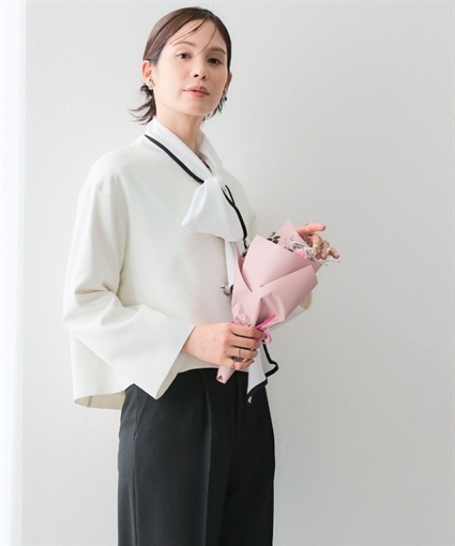 7days Life Styling（セブンデイズライフスタイリング）の「【レディーススーツ】＜OTOさんコラボ＞ボトムが選べるセットアップスーツ（ノーカラージャケット＋ワイドパンツまたはロング丈フレアスカート）（ストレッチウール調シリーズ）＜大きいサイズ有＞（スーツセット・レディース・ブラック系3/ブラック系1/ホワイト系2/ホワイト系1/ブラック系4/ブラック系2・M/L/LL/3L/4L/5L/6L/S/8L）」の7枚目の写真