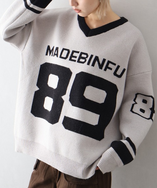 セール】ナンバリングジャガードVネックニット（ニット/セーター