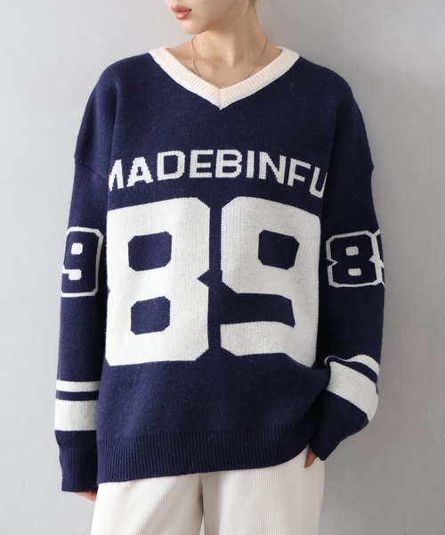 セール】ナンバリングジャガードVネックニット（ニット/セーター