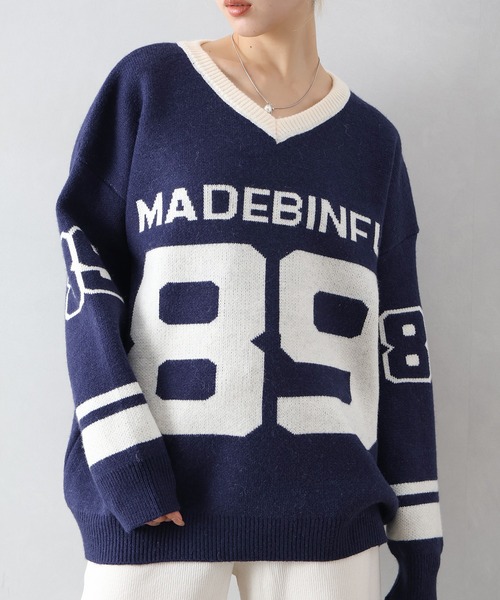 セール】ナンバリングジャガードVネックニット（ニット/セーター