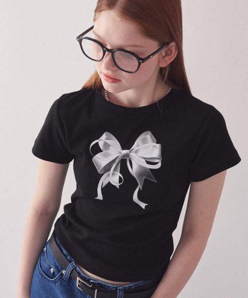 RONRON(ロンロン)の「DOUBLE RIBBON SLIM CROP T SHIRT BLACK SILVER(Tシャツ/カットソー・レディース・その他・FREE)」の1枚目の写真