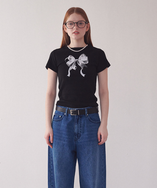 RONRON(ロンロン)の「DOUBLE RIBBON SLIM CROP T SHIRT BLACK SILVER(Tシャツ/カットソー・レディース・その他・FREE)」の2枚目の写真