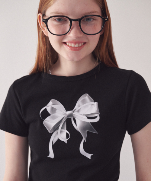 RONRON(ロンロン)の「DOUBLE RIBBON SLIM CROP T SHIRT BLACK SILVER(Tシャツ/カットソー・レディース・その他・FREE)」の3枚目の写真