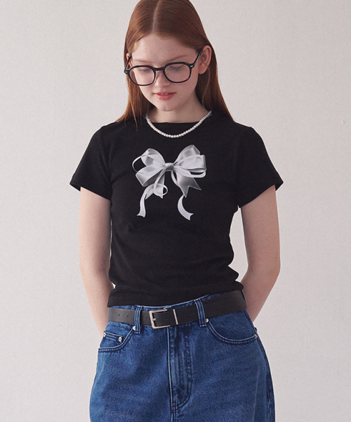 RONRON(ロンロン)の「DOUBLE RIBBON SLIM CROP T SHIRT BLACK SILVER(Tシャツ/カットソー・レディース・その他・FREE)」の4枚目の写真