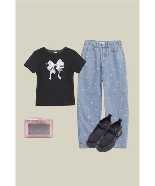 RONRON(ロンロン)の「DOUBLE RIBBON SLIM CROP T SHIRT BLACK SILVER(Tシャツ/カットソー・レディース・その他・FREE)」の6枚目の写真
