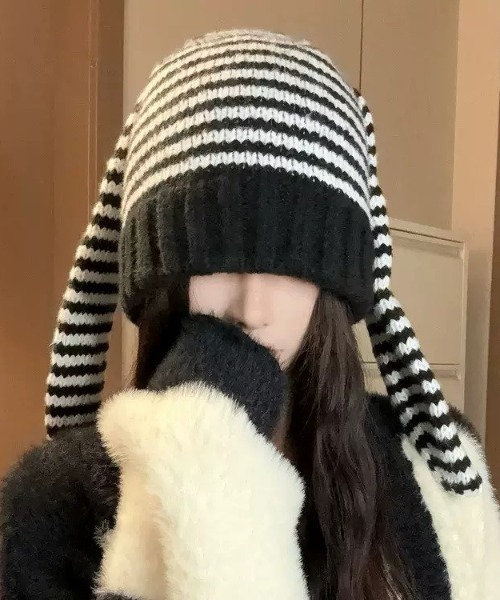 セール】【LAMPOON】ボーダーラビットビーニー（ニットキャップ