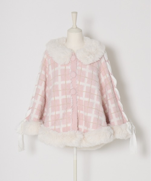 mellfy memory(メルフィーメモリー)の「Fluffy fur girl's check ニットポンチョ(ポンチョ・レディース・ピンク・FREE)」の2枚目の写真