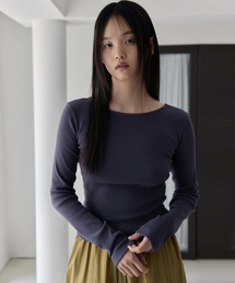 Ribbed Boat-neck Slim T-Shirts (Dusty Navy)