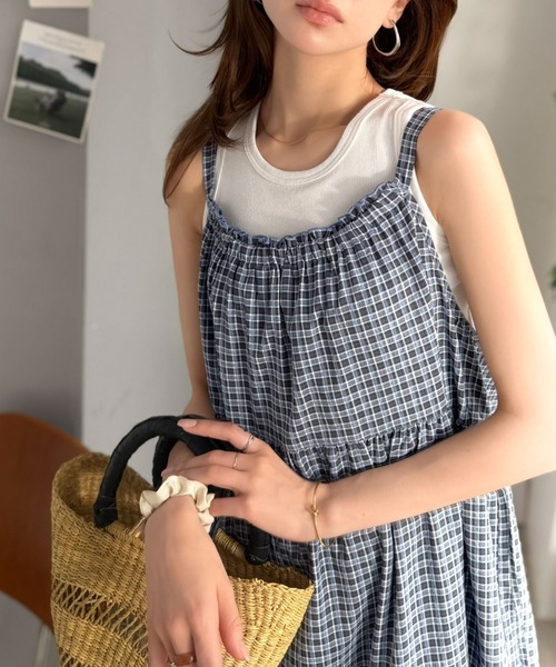 classicalelf(クラシカルエルフ)の「甘さは、さりげなく仕込むくらいがいい。チェックティアードバックリボンキャミロングワンピース(ワンピース・レディース・グリーン/ブルー/チャコール・X-LARGE/SMALL/MEDIUM/LARGE)」の6枚目の写真
