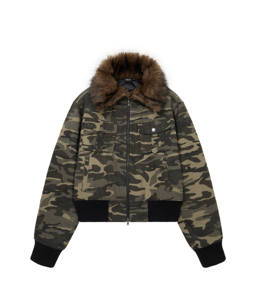 セール】Studded High Neck Fur Jacket (Camo)（MA-1）｜AAKAM