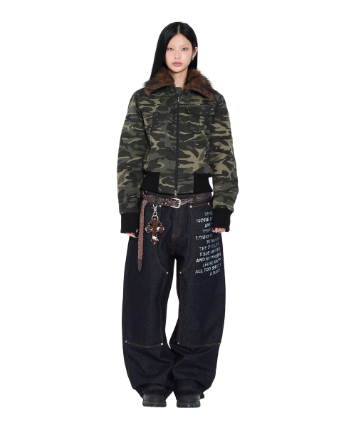 セール】Studded High Neck Fur Jacket (Camo)（MA-1）｜AAKAM