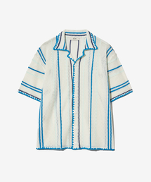 ECORR（エコル）の「ストライプクロシェニットシャツ_ブルー（カーディガン/ボレロ）」