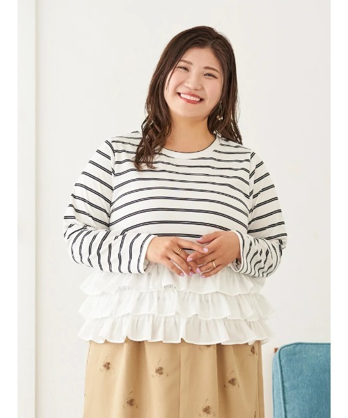 Re-J&SUPURE（リジェイアンドスプル）の「【大きいサイズ】【Sasaki Mikiコラボ】3段フリルトップス（Tシャツ/カットソー・レディース・A/グレー・XX-LARGE/XXXX-LARGE/XXX-LARGE）」の4枚目の写真