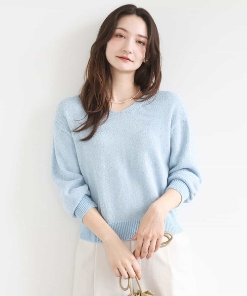 MK MICHEL KLEIN（エムケーミッシェルクラン）の「[洗える]ラメ入りノットヤーンVネックニット（ニット/セーター・レディース・ライトブルー/シルバー・38）」の8枚目の写真