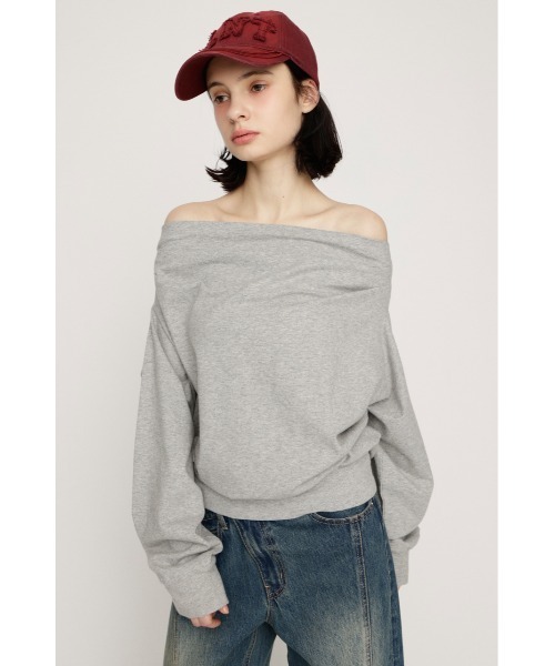 SLY（スライ）の「TUCKED OFFSHOULDER TOPS オフショルダースウェットトップス 春服 トレーナー（スウェット・レディース・ホワイト/ライトイエロー/杢グレー/ブラック・FREE）」の9枚目の写真
