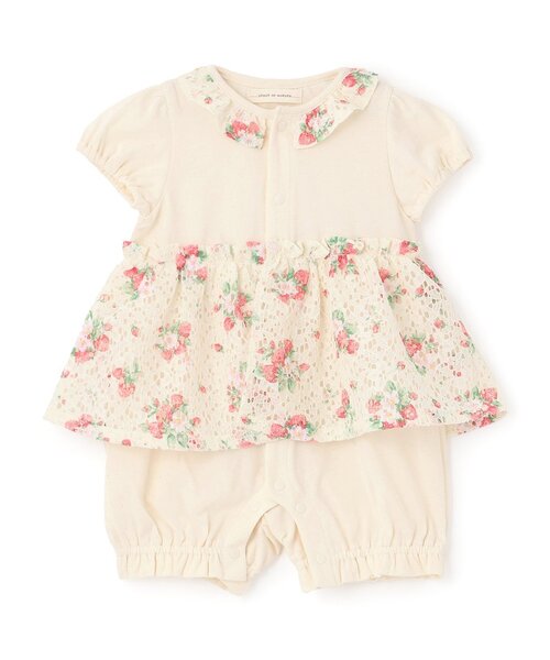 sense of wonder(センスオブワンダー)の「野イチゴレースショートオール【オーガニック】【日本製】(ロンパース・キッズ・ピンク/ホワイト系・70cm/80cm)」の1枚目の写真
