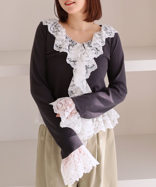 archives(アルシーヴ)の「ドッキングレースフリルカットTOPS(Tシャツ/カットソー・レディース・ブルー/チャコールグレー/グレー/アイボリー・MEDIUM)」の12枚目の写真