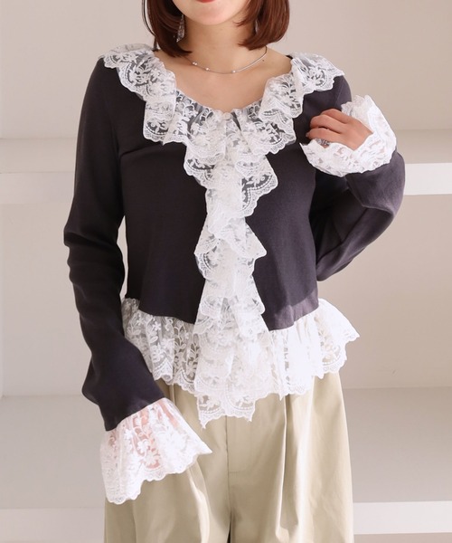 archives(アルシーヴ)の「ドッキングレースフリルカットTOPS(Tシャツ/カットソー・レディース・ブルー/チャコールグレー/グレー/アイボリー・MEDIUM)」の10枚目の写真