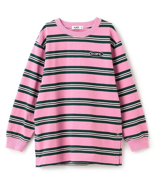 X-girl Stages(エックスガールステージス)の「マルチボーダー長袖Tシャツ(Tシャツ/カットソー・キッズ・ピンク/ライトブルー・120cm/130cm/140cm)」の1枚目の写真