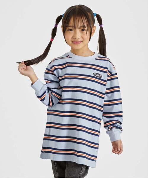 X-girl Stages(エックスガールステージス)の「マルチボーダー長袖Tシャツ(Tシャツ/カットソー・キッズ・ピンク/ライトブルー・120cm/130cm/140cm)」の2枚目の写真