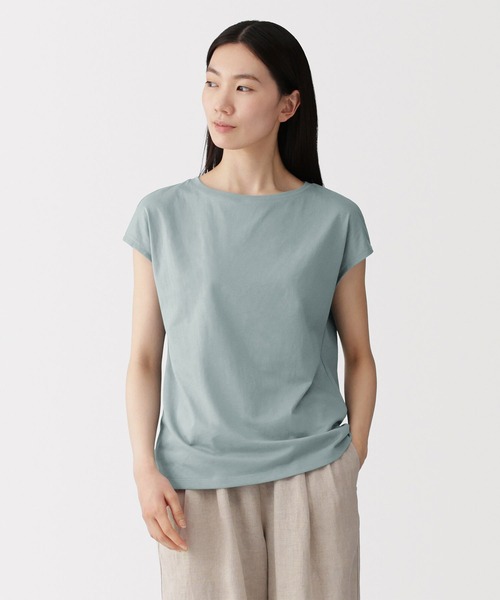 無印良品（ムジルシリョウヒン）の「婦人 天竺編みフレンチスリーブＴシャツ（Tシャツ/カットソー・レディース・ライトピンク/スモーキーグリーン系/チャコールグレー/ブラック/ライトパープル/ダークネイビー/ライトグレー/ホワイト・S/XL/L/M）」の5枚目の写真