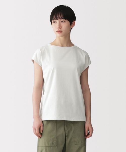 無印良品（ムジルシリョウヒン）の「婦人 天竺編みフレンチスリーブＴシャツ（Tシャツ/カットソー・レディース・ライトピンク/スモーキーグリーン系/チャコールグレー/ブラック/ライトパープル/ダークネイビー/ライトグレー/ホワイト・S/XL/L/M）」の4枚目の写真