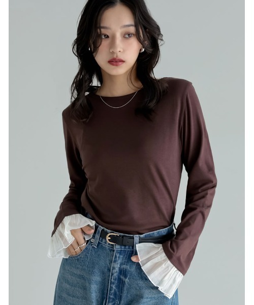 Re:EDIT(リエディ)の「アンチピリング袖シアーフレアトップス(Tシャツ/カットソー・レディース・ブラウン/杢グレー/ブラック・LARGE/MEDIUM)」の1枚目の写真