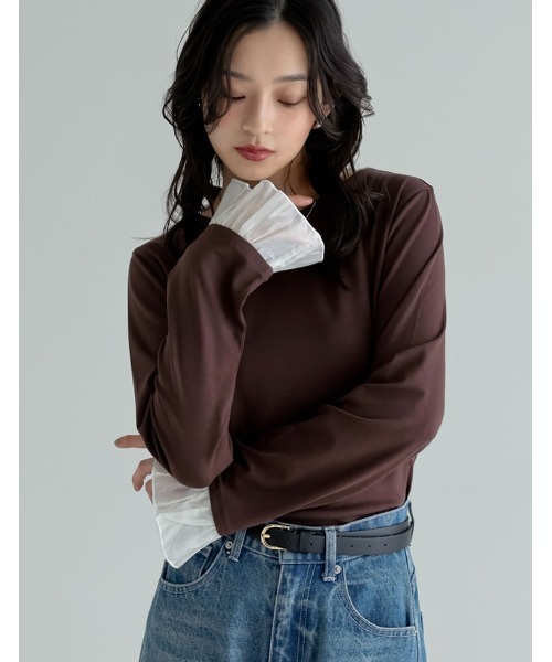 Re:EDIT(リエディ)の「アンチピリング袖シアーフレアトップス(Tシャツ/カットソー・レディース・ブラウン/杢グレー/ブラック・LARGE/MEDIUM)」の18枚目の写真