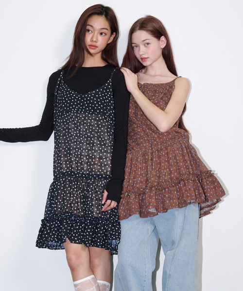 OPENING SUNSHINE(オープニングサンシャイン)の「フリルシャーリングドットミニワンピースブラウン(ワンピース・レディース・ブラウン・FREE)」の3枚目の写真