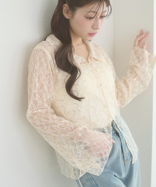 Блуза с кружевным воротником и пайетками / sequin lace collar blouse