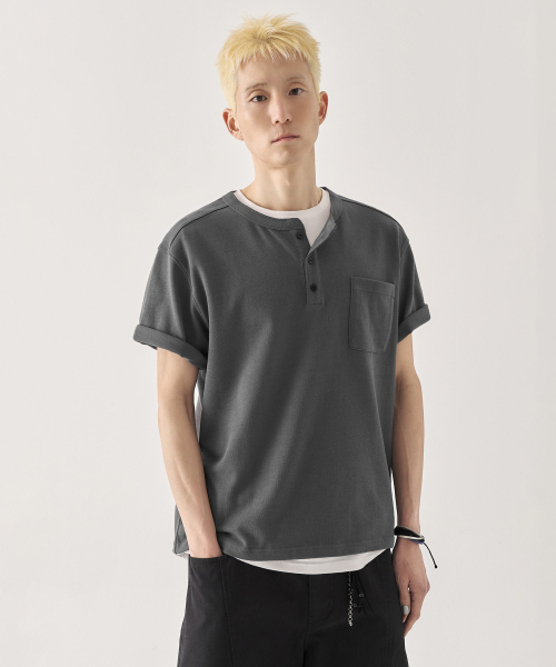 クロップ] ヘビーカットンロールアップヘンリーネック半袖Tシャツ_