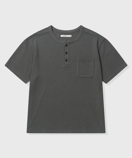 クロップ] ヘビーカットンロールアップヘンリーネック半袖Tシャツ_